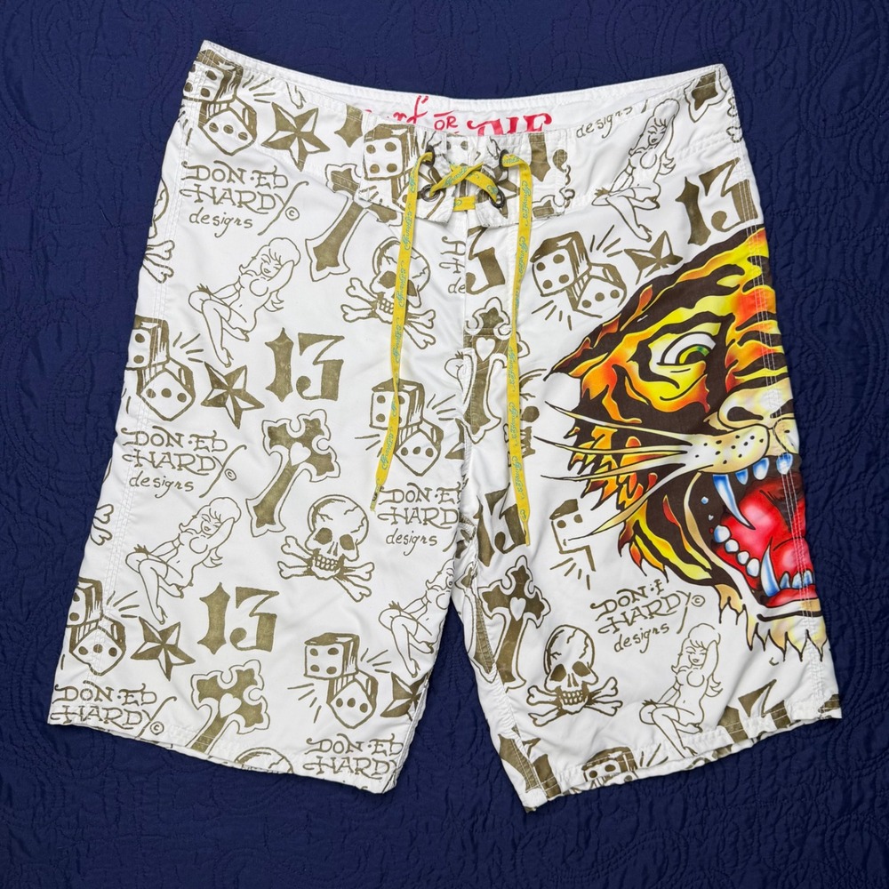 Ed Hardy Mens Tiger Tattoo Print Board Shorts White Christian Audigier Size 32